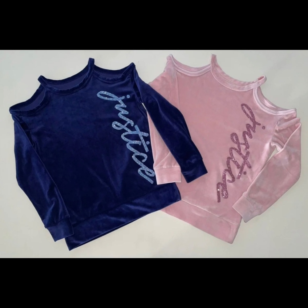 Justice Velvet Cold-Shoulder Sweatshirts in Navy Blue and Light Pink